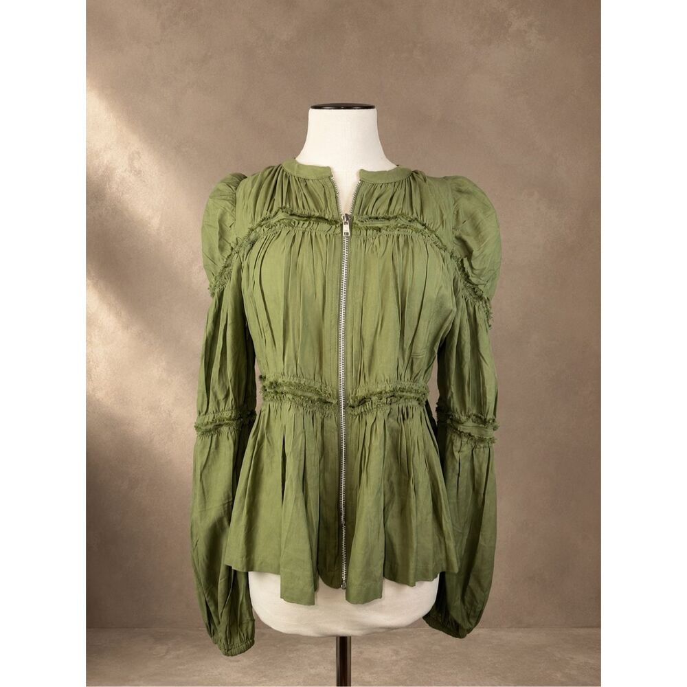 Anthropologie Sz L Long Sleeve Zip Front Puffy Blouse Olive Green Peplum